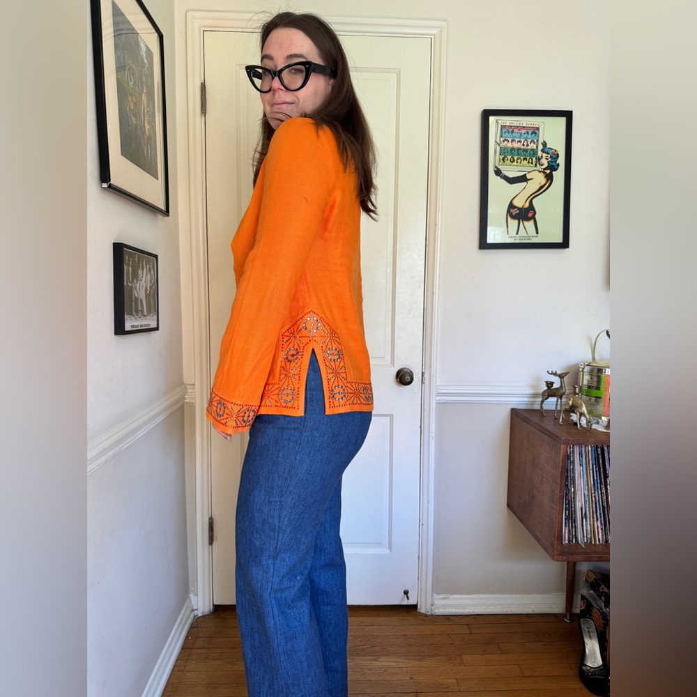 Tory Burch Orange Linen Tunic w Rhinestone Detailing - Picture 3 of 7